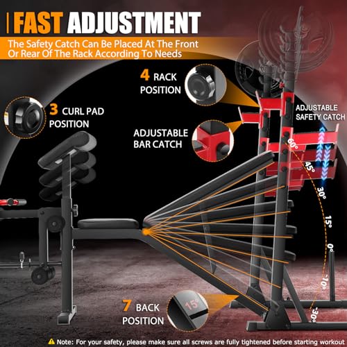 OPPSDECOR Professional Weight Bench Set with Barbell/Squat Rack, 900LBS Heavy Duty Bench Press Set with Leg Curl/Extension and Preacher Curl, Adjustable Full-Body Workout Bench for Home Gym Fitness