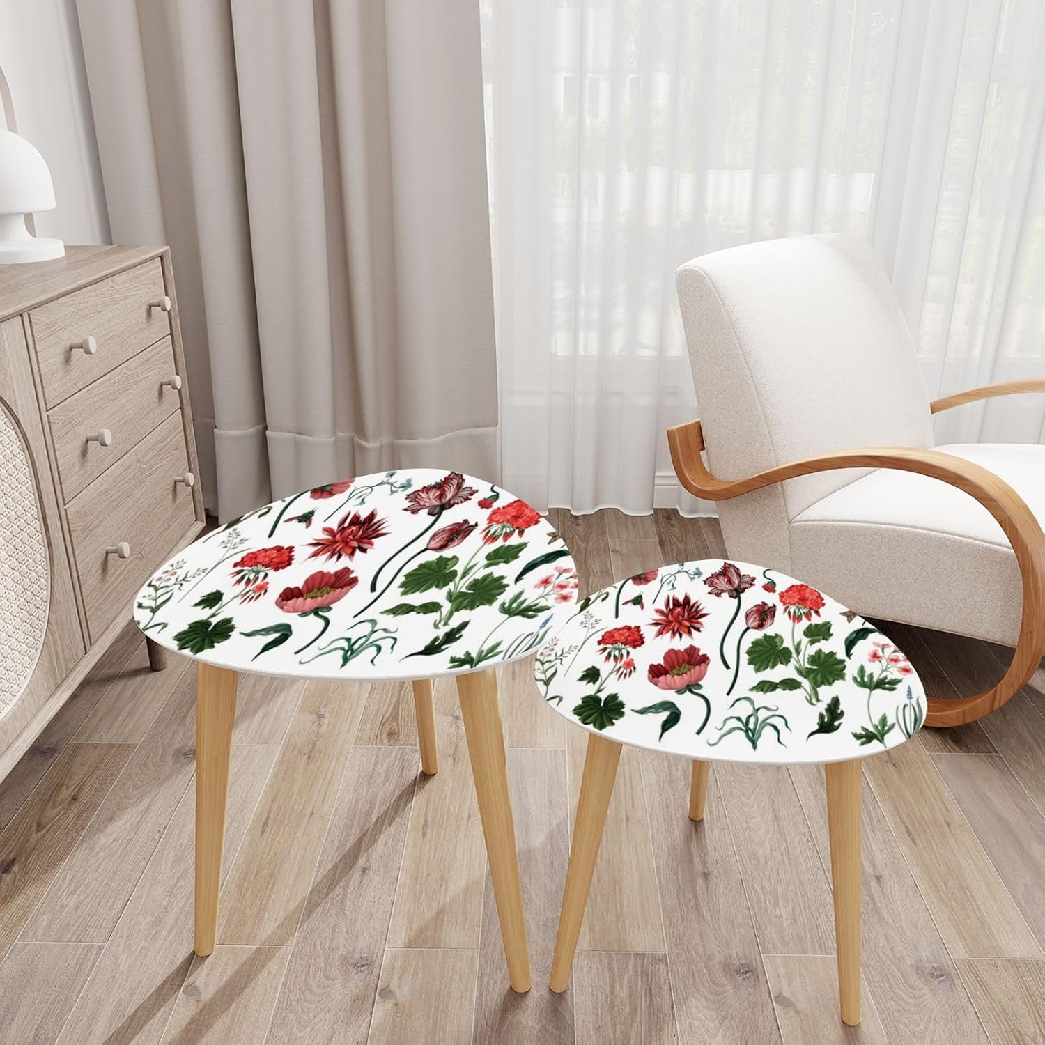 Small Coffee Nesting Table Botanical victorian flowers Tulip peony other Modern Minimalist Side Table Triangle End Tea Table Set of 2 for Living Room Bedroom