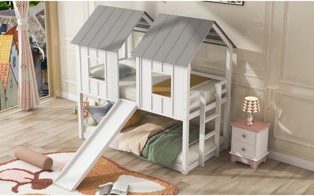 Twin Over Twin House Bunk Bed with Slide and Windows,White 2-Numbers of Package Pine Wood+MDF 14/7pcs 77.4