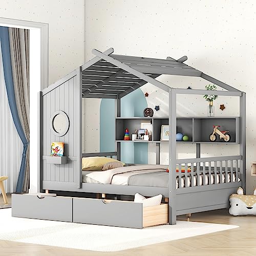 Twin Over Twin House Bunk Bed with Window Design, Door and Storage Small Box, Wooden Roof Bunkbeds Floor Bedframe, for Kids Teens, Grey