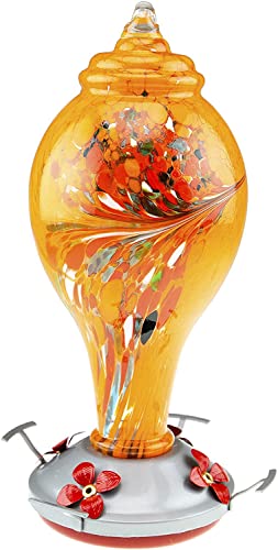 Hummingbird Feeder with Perch | Hand Blown Bulb Glass in Red | 34 Fluid Ounces Humming Bird Nectar Capacity with Hanging Metal Wires and Ant Moat Hook