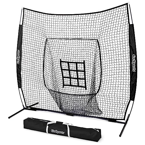GoSports 7 ft x 7 ft Baseball & Softball Practice Hitting & Pitching Net with Bow Type Frame, Carry Bag and Strike Zone - Choose Red, Black, or PRO, Great for All Skill Levels