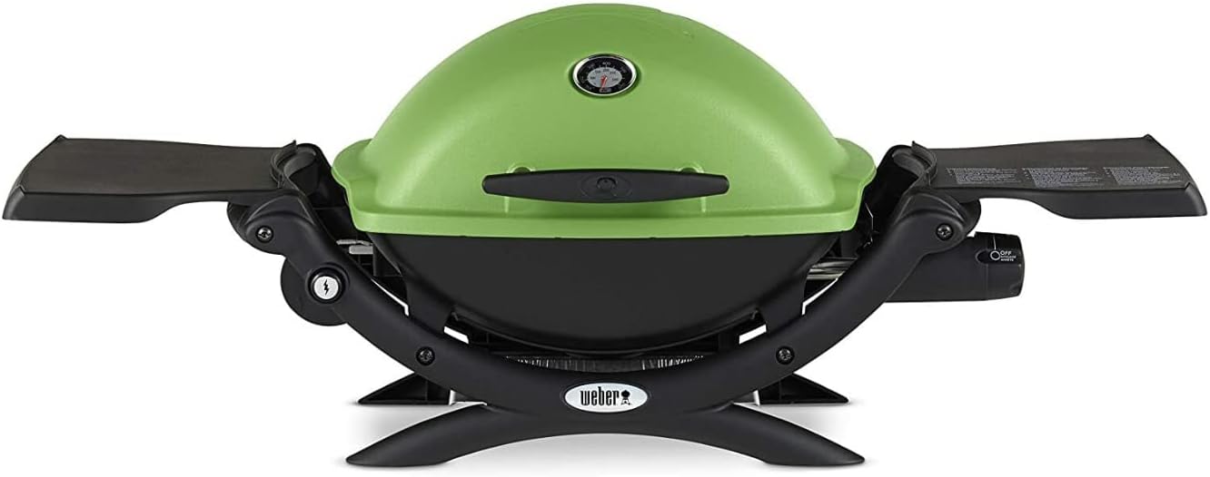 Weber Q 1200 Liquid Propane Grill (Green) Bundle with Portable Cart, Adapter Hose and Grill Cover (4 Items)