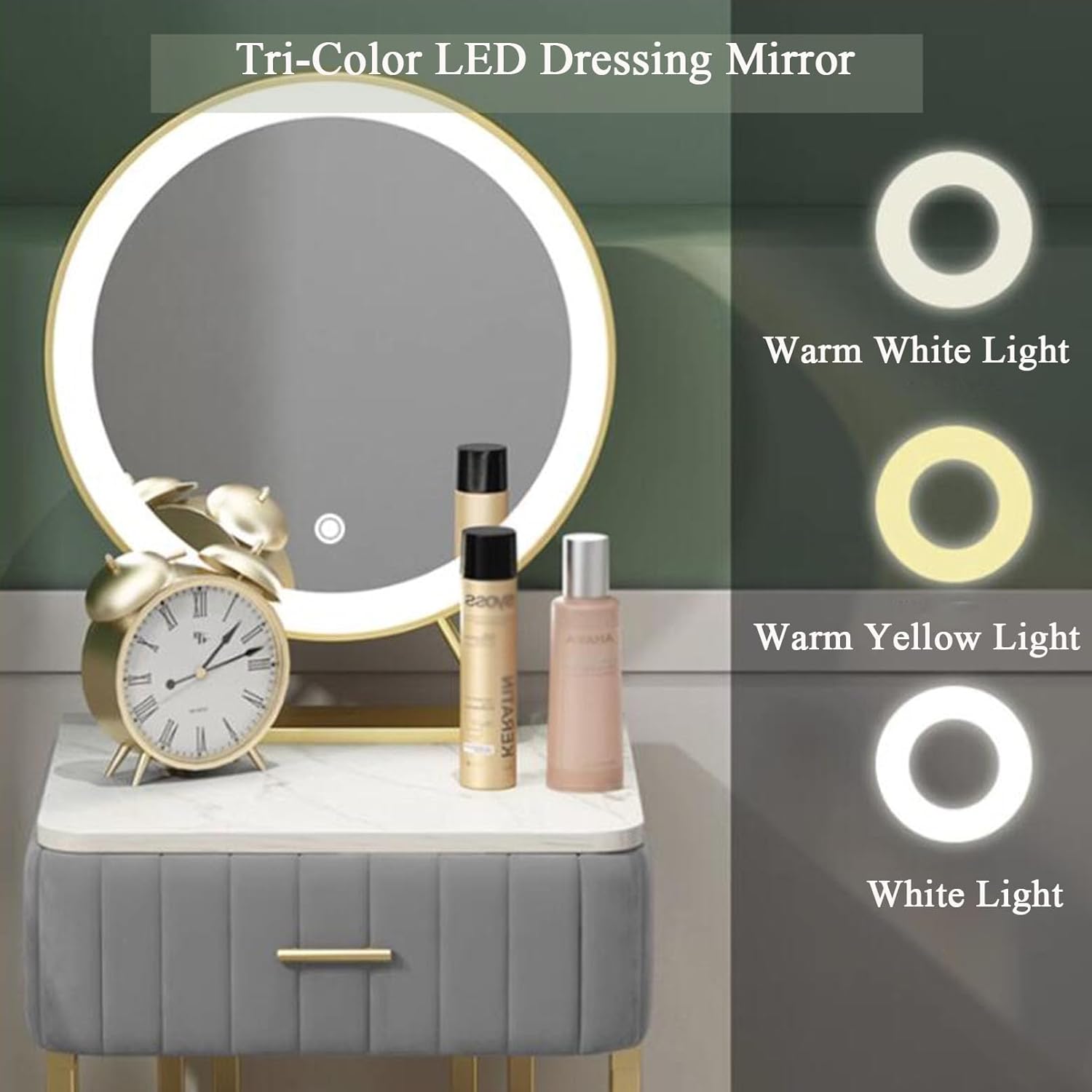 Dressing Table Bedroom Small Mini Cosmetic Table, with 1 Drawer Touch Activated LED Mirror Lights Stool Vanity Table Makeup Bedroom Art Deco Dresser Furniture Set