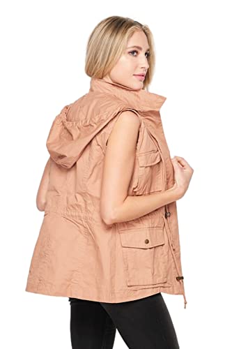 Womens Sleeveless Hooded Anorak Cotton Cargo Utility Safari Military Snap Fashion Vest w/Pockets