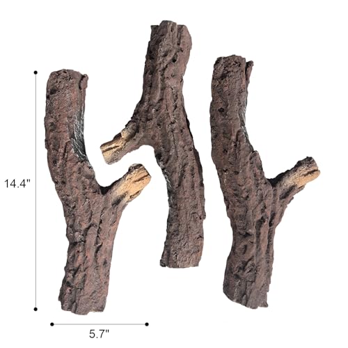 Gas Fireplace Logs, 3 Pack Ceramic Logs for Fireplace and Fire Pit, Realistic Fake Fireplace Logs, Ceramic, Ventless, Vented, Gas Inserts, Decorative, for Outdoor Fireplaces and Fire Pits