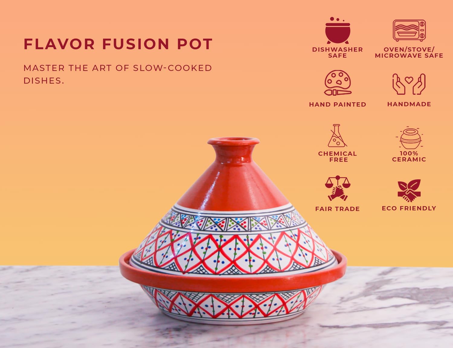 Kamsah Hand Made and Hand Painted Tagine Pot | Moroccan Ceramic Pots For Cooking and Stew Casserole Slow Cooker (Large, Supreme Bohemian Red)