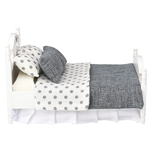 Dollhouse furniture mini bed set, realistic bedroom accessories for 6 inch dolls, pillow, wooden frame, 1/12 scale (White bed, pink bedding)