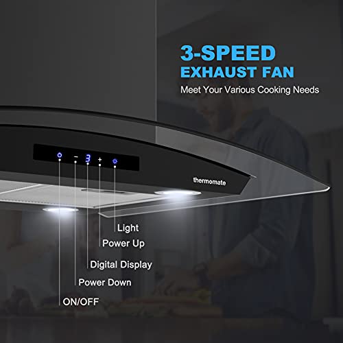 30 Inch Island Range Hood, thermomate 350 CFM Black Stainless Steel Stove Vent Hood with 4 LED Lights, 3 Speed Exhaust Fan with Touch Control, Ducted/Ductless Convertible, ETL Certified
