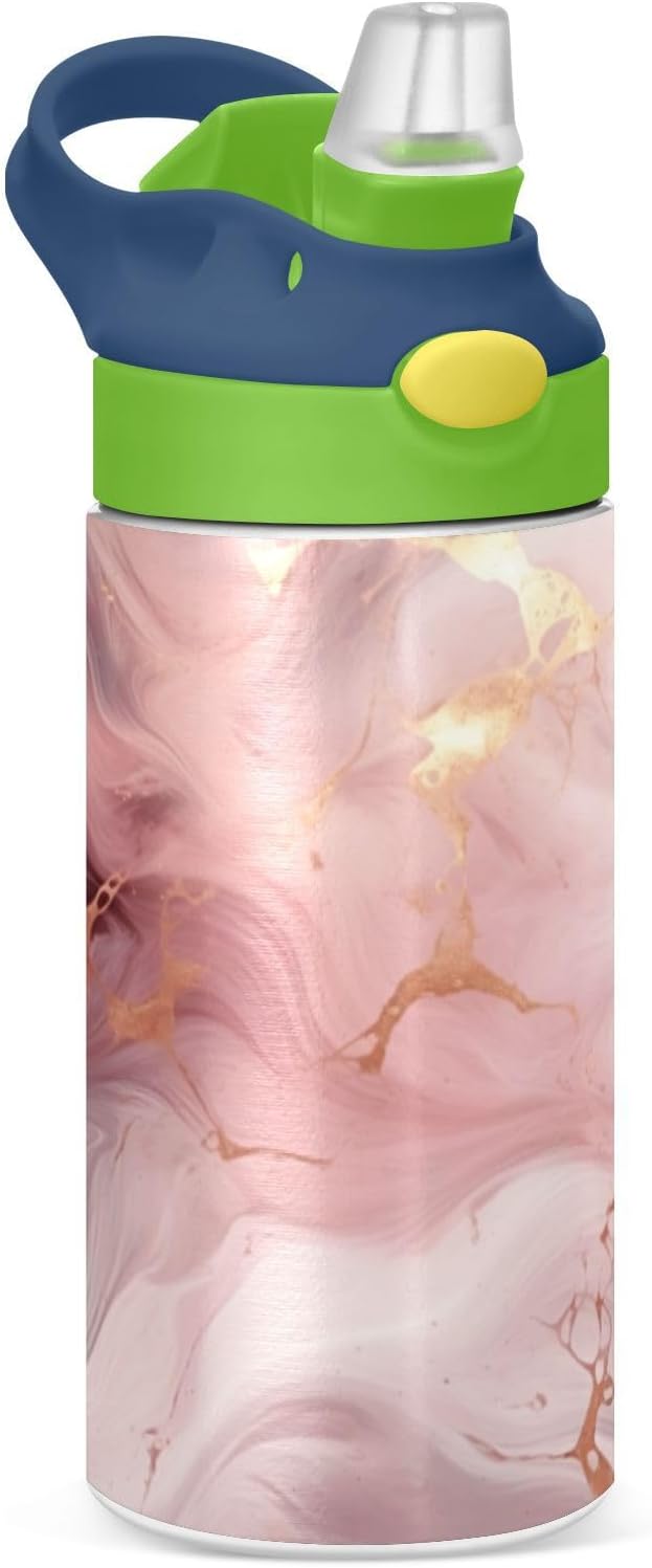 Small Water Bottle for Kid 12oz Pink Gold Marble Insulated Bottles with Straw Lid Stainless Steel Tumbler Vacuum Cup Thermal Bottles