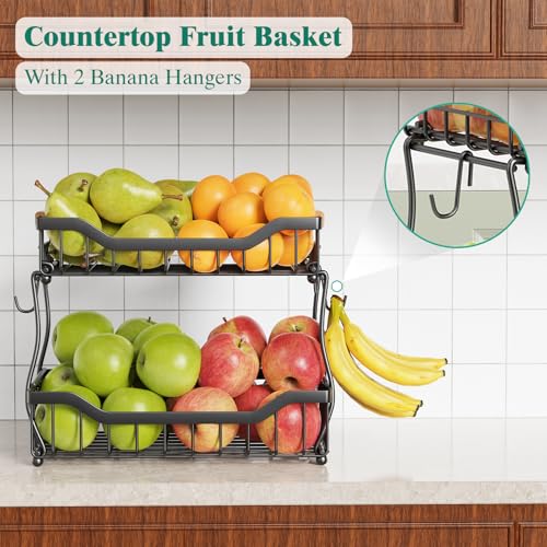 3 Tier Countertop Fruit Basket for Kitchen, Vegetable Storage Basket Bread Fruit Bowl Stand with 2 Banana Hangers, Wall Mounted Metal Wire Basket Organizer for Potato Onion, Black