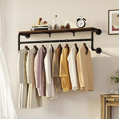 GREENSTELL Clothes Rack with Top Shelf, 45.5in Industrial Pipe Wall Mounted Garment Rack, Space-Saving Display Heavy Duty Detachable Multi-Purpose Hanging Rod for Closet Storage