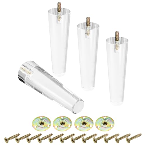 uxcell Acrylic Furniture Legs 5 inch Set of 4, Replacement Sofa Feet Cabinet Modern Clear Decor DIY with Installation Hardware for Couch, Bench, TV Stand, Chair, Dresser