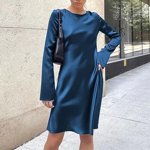 Women'S Satin Cocktail Dresses Elegant Mock Neck Long Sleeve High Waist Dress Wedding Guest Party Mini Dresses