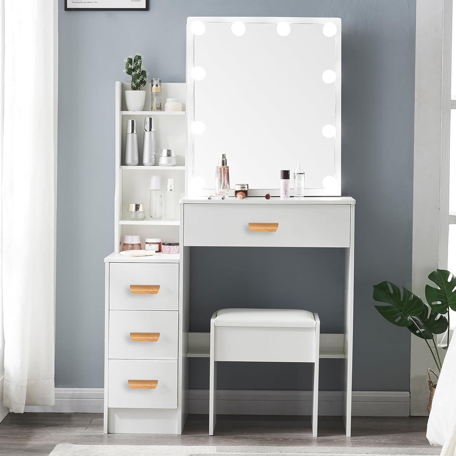 Vanity Desk with Mirror and LED Light, Dressing Table with 4 Large Drawers, Dressing Table for Bedroom, Makeup Vanity Set with Stool, Modern White
