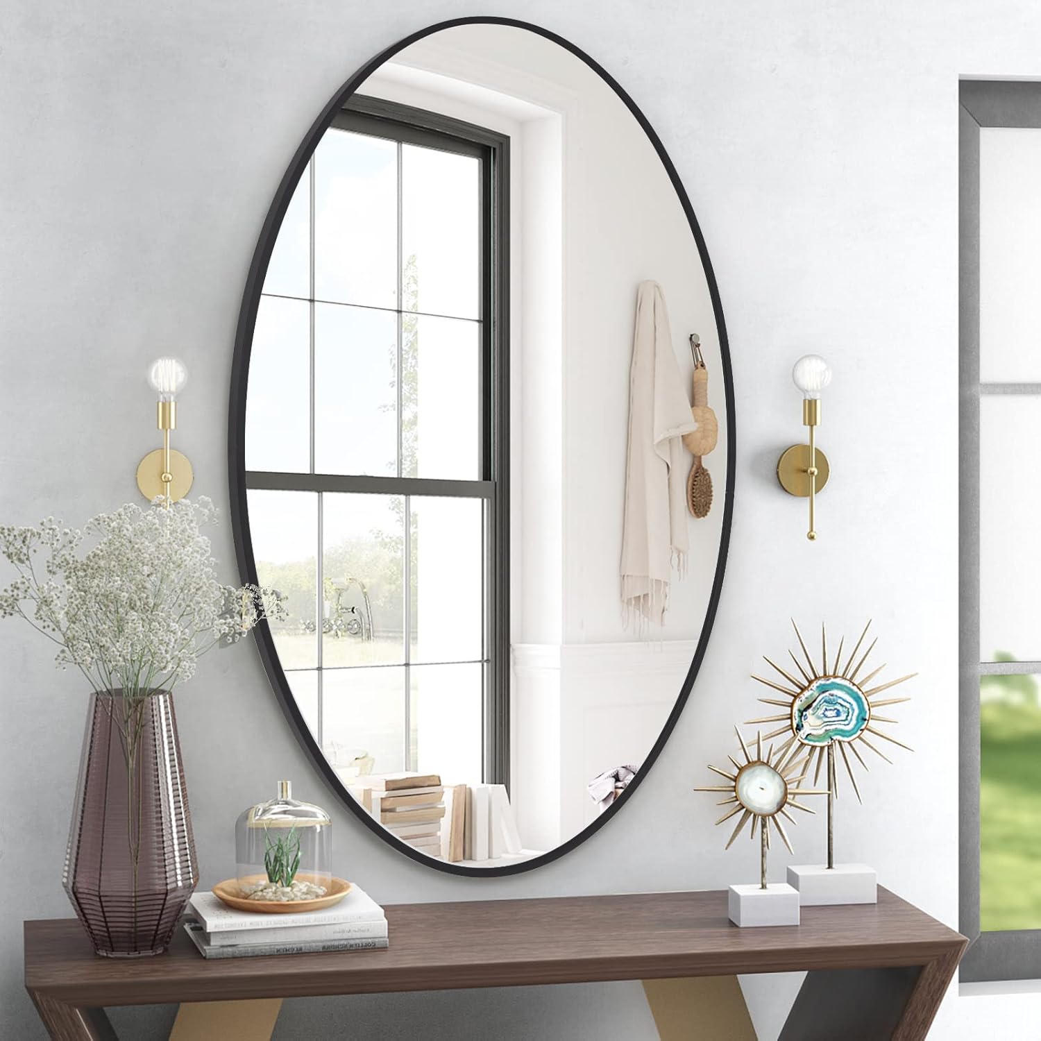 Bathroom Oval Mirror, 26x38 Black Framed Mirror, Wall-Mounted Mirrors for Bathroom Bedroom Living Room Decor Modern Hanging Mirror