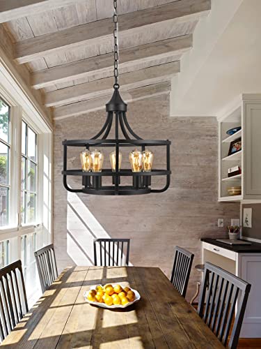 Farmhouse Chandelier for Dining Room Kitchen Entryway, 5-Lights Industrial Cage Pendant Light Fixtures over Dining Room Table, Oil Rubbed Bronze Finish Hanging Lamp.