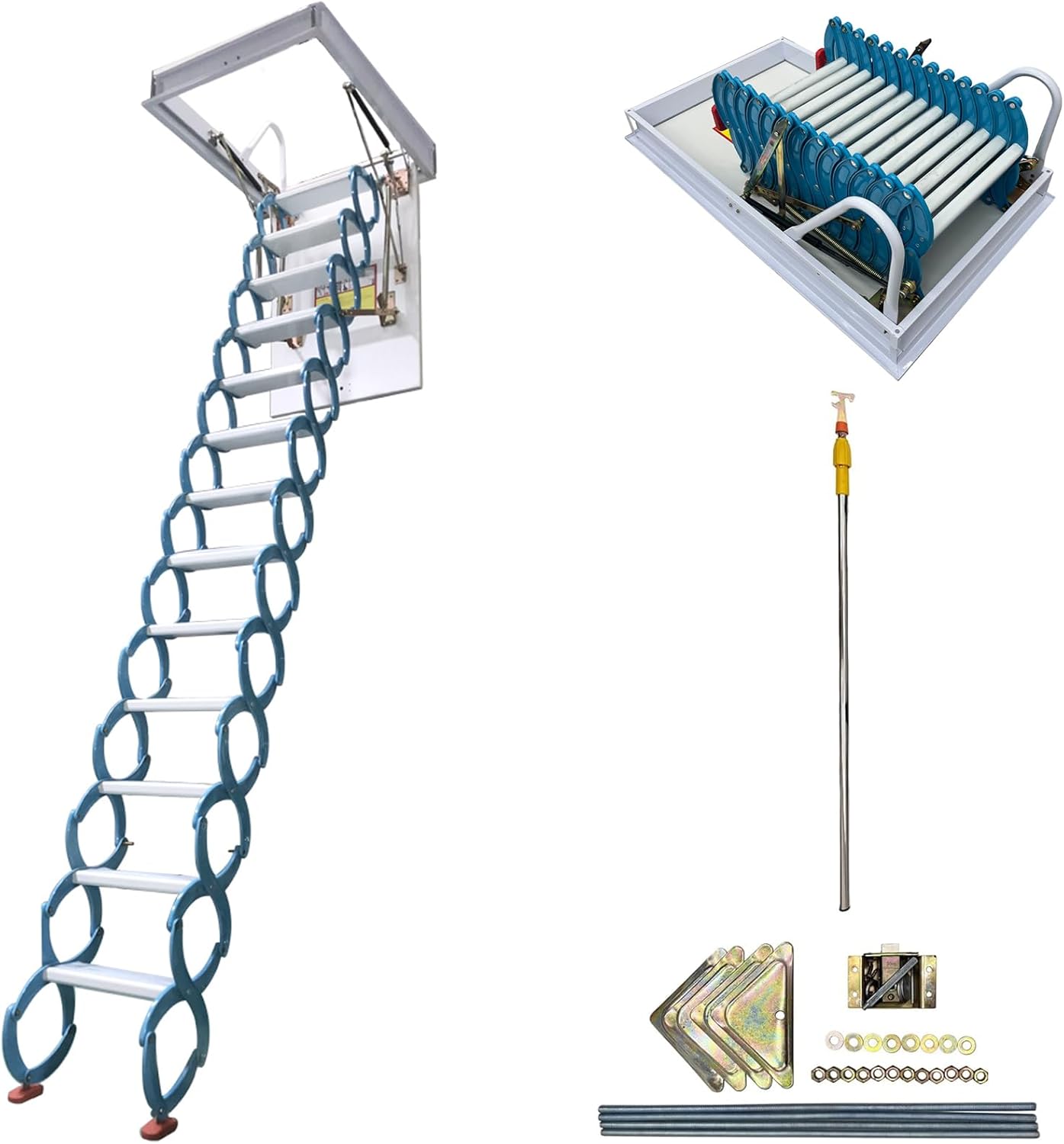 TECHTONGDA 10.5ft Blue Attic Ladder Ceiling Pull Down Folding Stairs with 13 Steps Adjustable & Space Saving Attic Stairs Mg-Al Alloy Step Ladder Opening Size 31.5'' x 35.4'' Attic Access Ladder