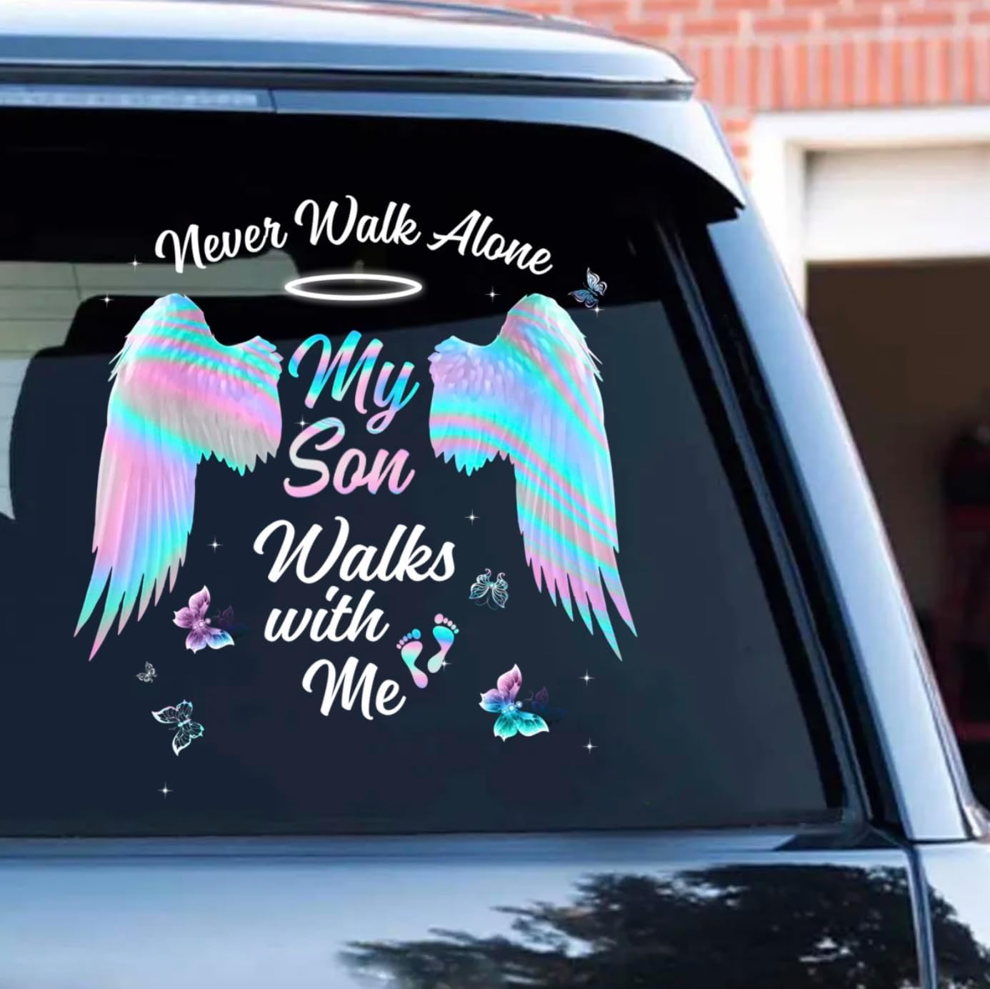Never Walk Alone My Son Walks with Me Car Decal Sticker, Angel Son Car Decal, Angel Wings Heart Infinity Memorial Sticker, Memorial Gifts, Vinyl Transparent Car Decal Car Decor