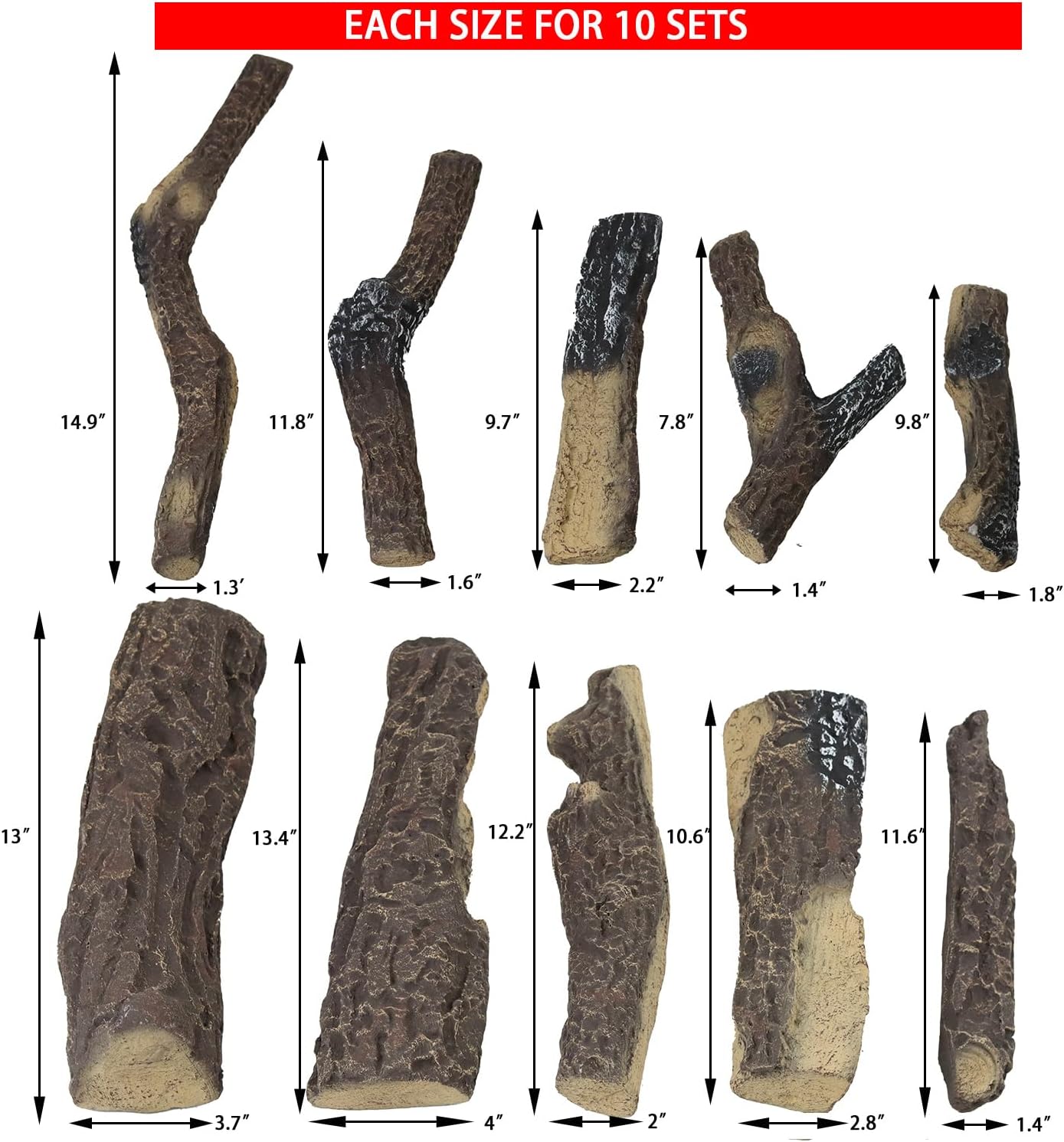 10Pcs Gas Fireplace Log Set, Ceramic Fake Wood Log for Gas Fireplace, Indoor Gas Inserts, Vented, Ethanol, Electric, Fire Pits Decor