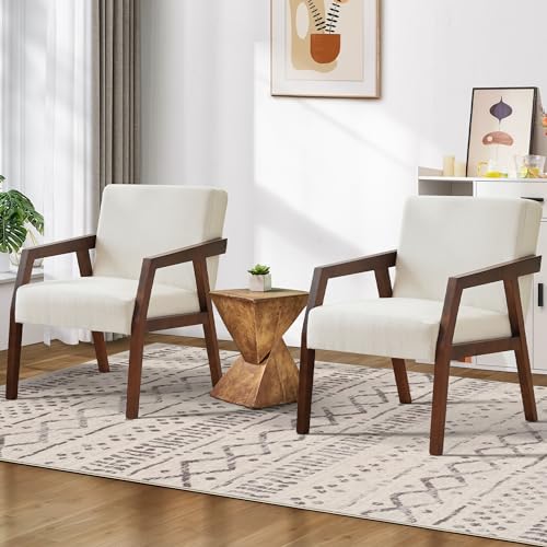 HUIMO Side Chair Set of 2,Modern Century Chair,Tufted Accent ChairWooden Armchair,Fabric Chairs for Living Room,Bedroom,Reading Chair,Upholstered Elegant Chair,White