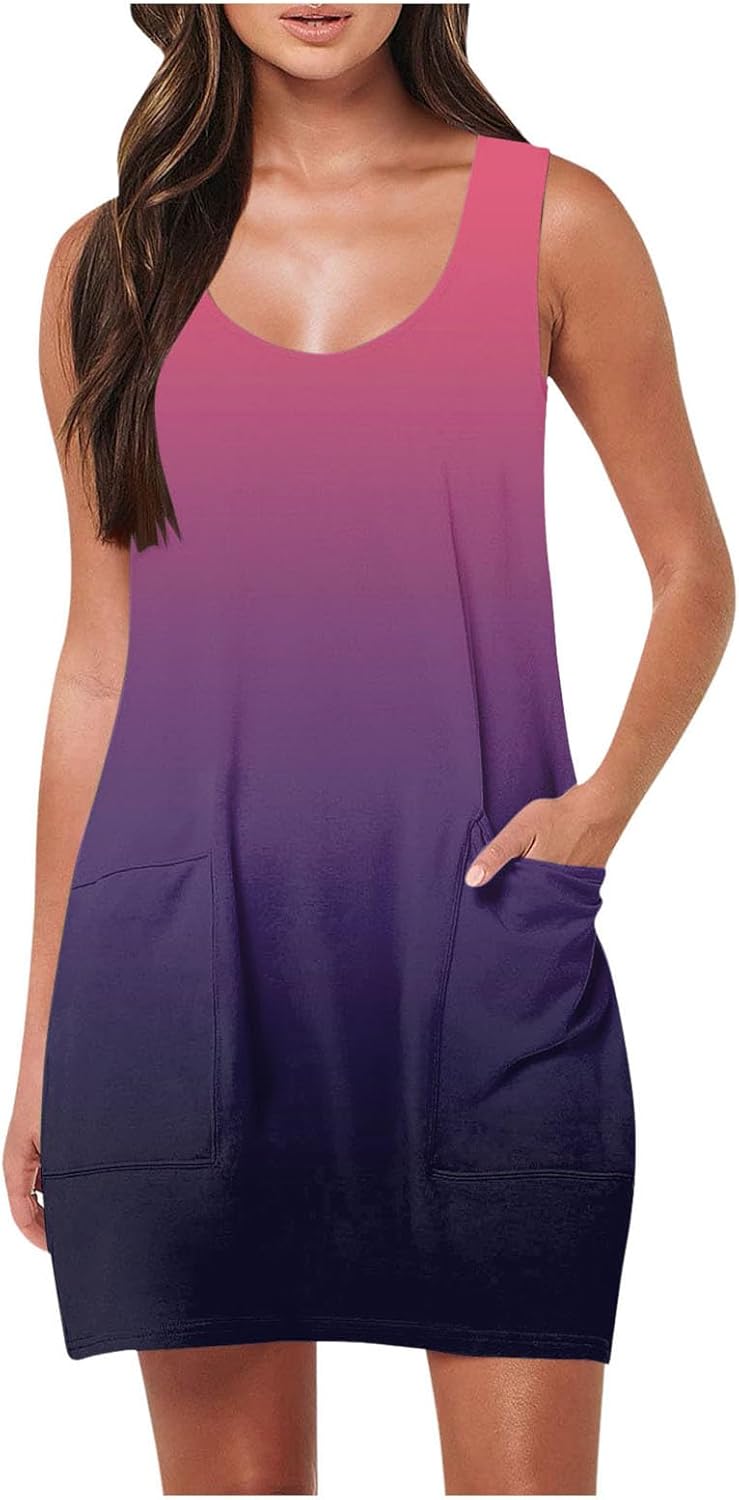 Summer Dresses for Women 2024 Casual Scoop Neck Sleeveless Sundresses Boho Tank Dress Floral Print Beach Dresses with Pockets