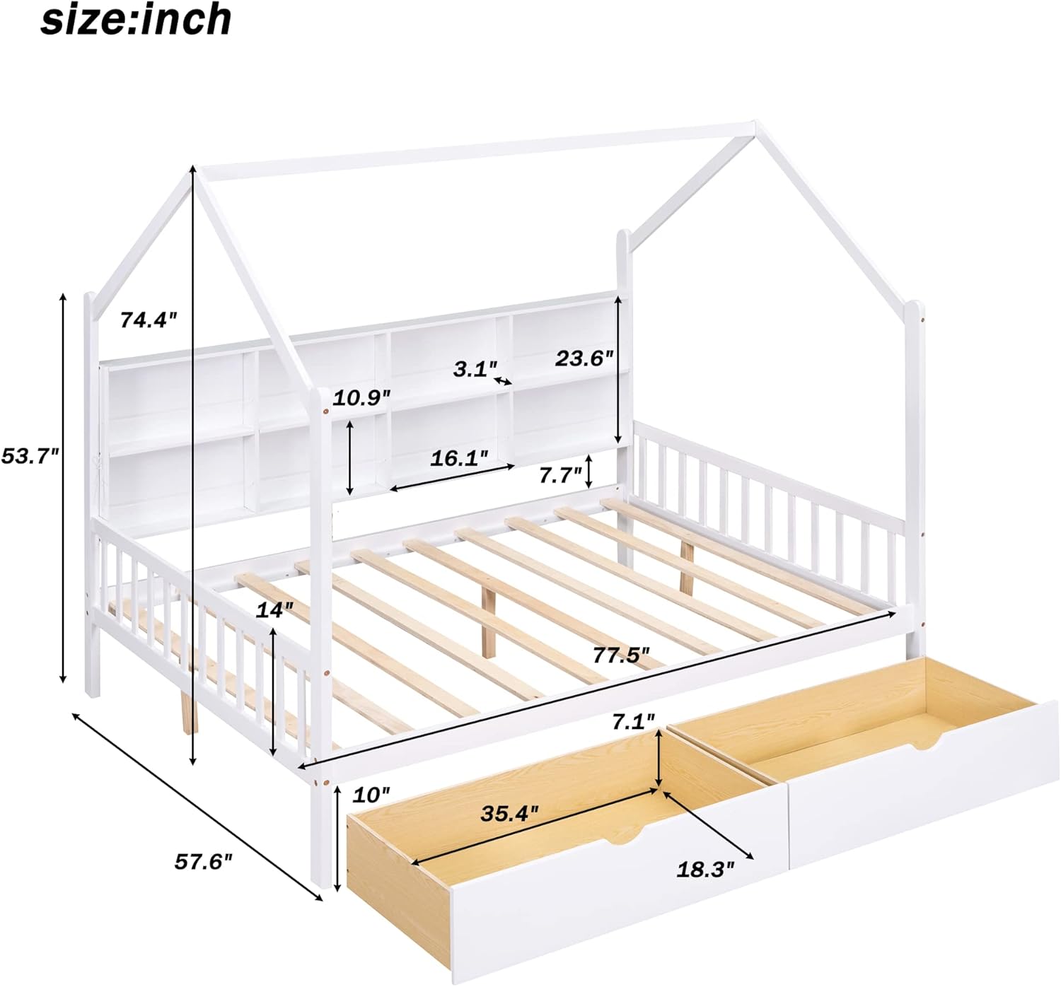 Full House Platform Bed with 2 Drawers and Storage Shelves, Wooden Low Bedframe Daybed with Roof, for Kids Teens Girls Boys, White