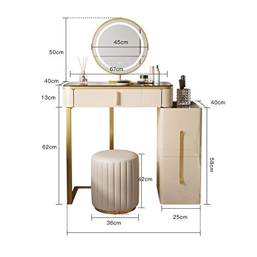 Dressing Table - Vanity Table with Cushion Stool and LED Light Makeup Table Mini Glass Transparent Table Top Used for Bedroom and Living Room Furniture A