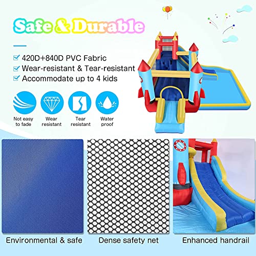 Inflatable Water Bounce House with Blower Kids Water bouncy Castle with Slide, Climbing Wall, Plash Pool, Including Carry Bag Repair Kit ((146 x 132 x 81) Castle)