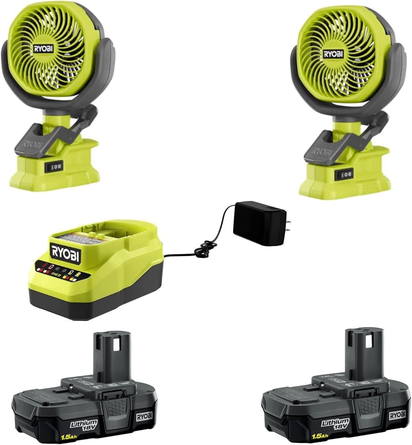 Ryobi 18-Volt Personal Battery Powered Clip Fan BUNDLE Kit (2 FANS, 2 BATTERIES 1.5A, 1 Charger)