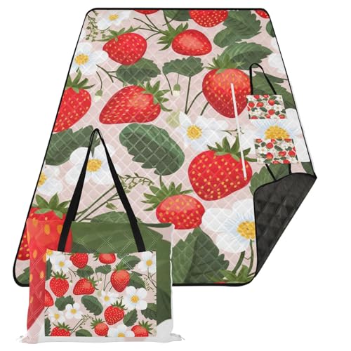 Fruit Flower Strawberries Picnic Blanket Waterproof Foldable Outdoor Beach Blankets Sandproof Picnic Mat Reversible Camping Blanket for Camping Hiking Travel Park Concerts