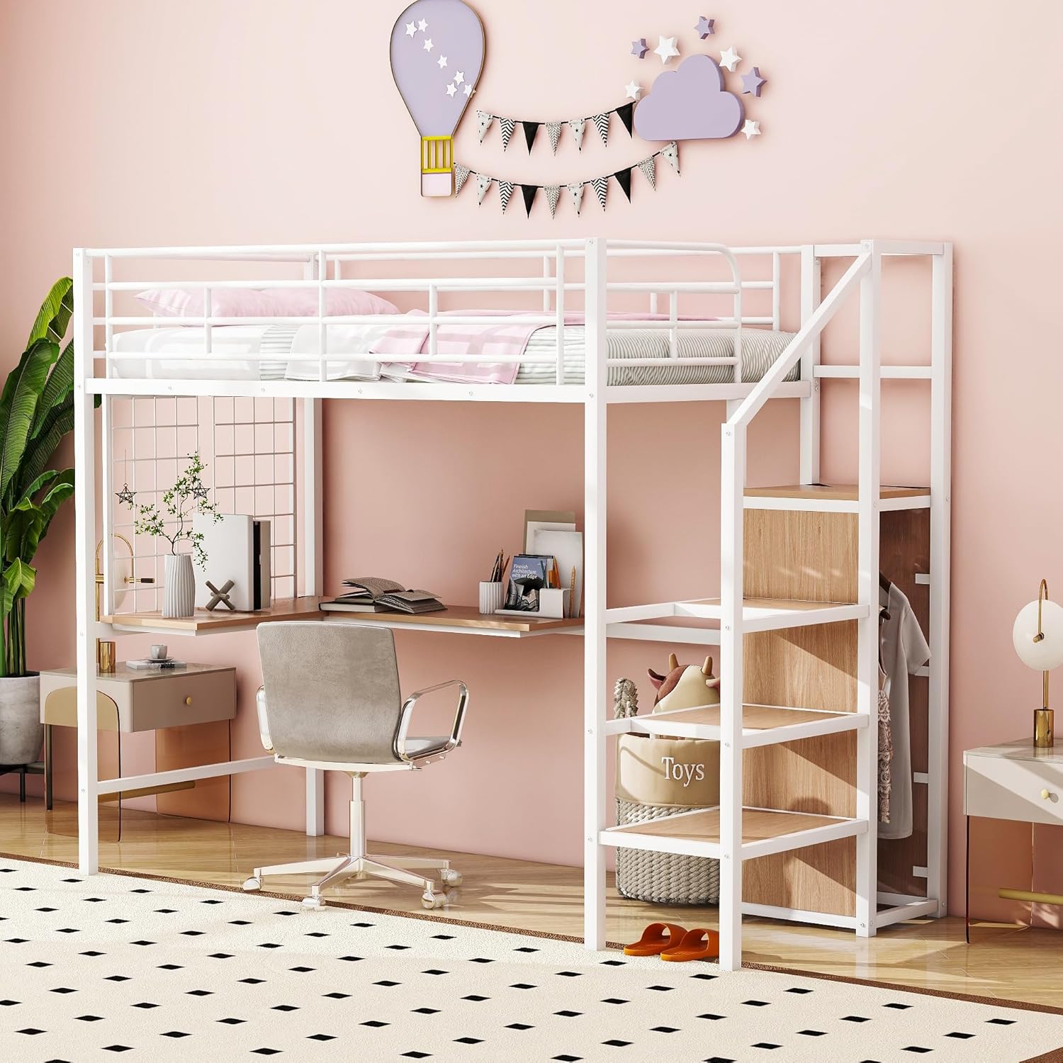 Twin Size Metal Loft Bed with Desk and Metal Grid, Stylish Metal Frame Bed with Lateral Storage Ladder and Wardrobe, White