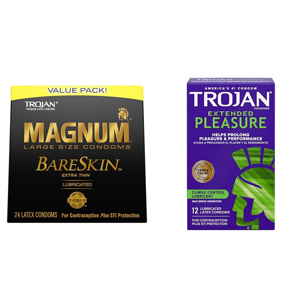 TROJAN Magnum BareSkin Large Condoms 24 Count and EXTENDED PLEASURE Climax Control Condoms 12 Count Bundle
