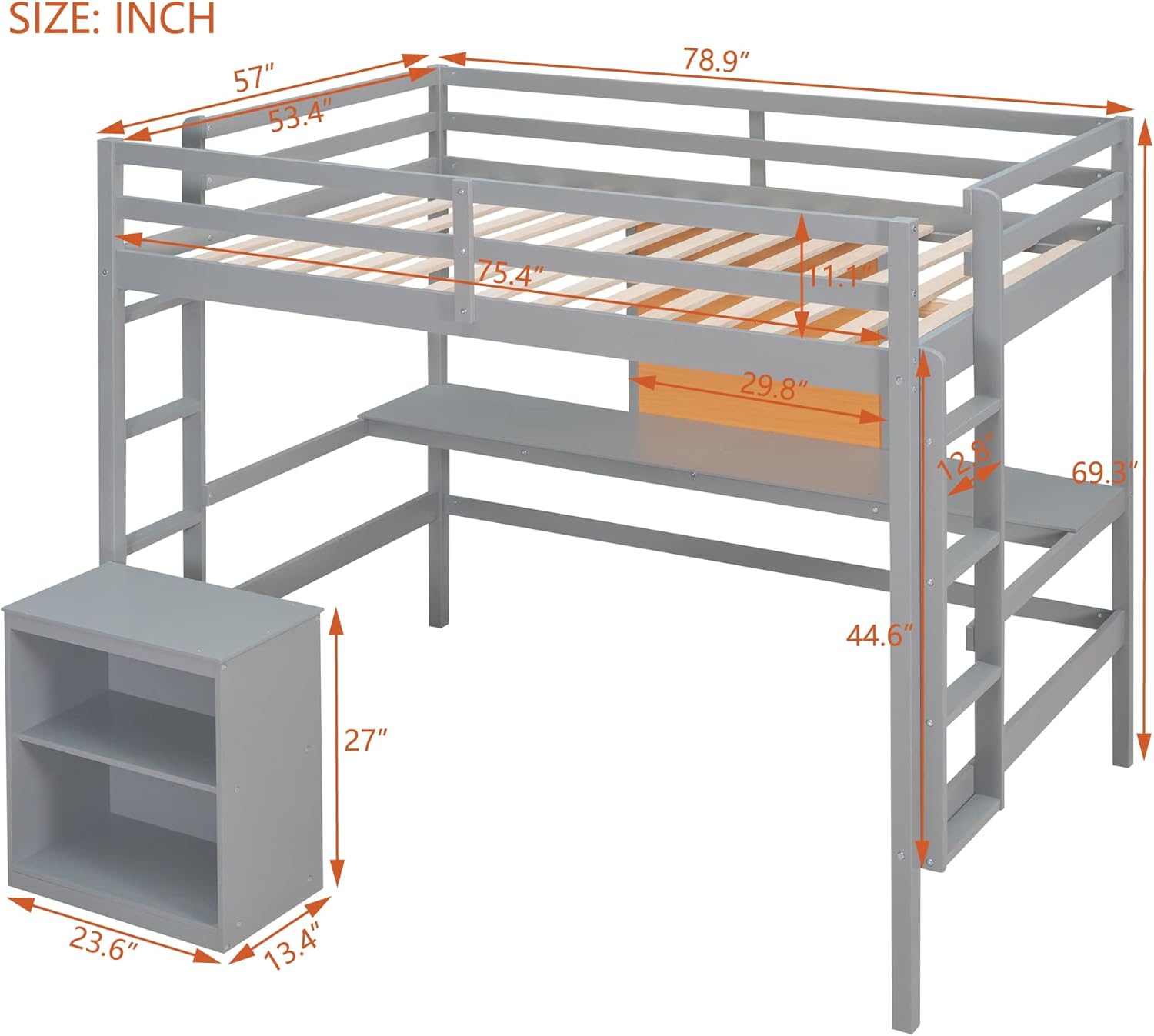 Full Size Loft Bed with Desk and Writing Board,Wooden Full Bedframe with 2 Drawers Cabinet for Kids,Teens,Gray