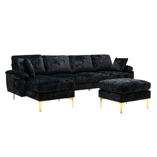 Modern Sectional Sofa, U-shaped Sofa Couch Furniture Sets with 2 Pillows, 4 Seat Sofa with Ottoman for Living Room, Hotel, Black-A