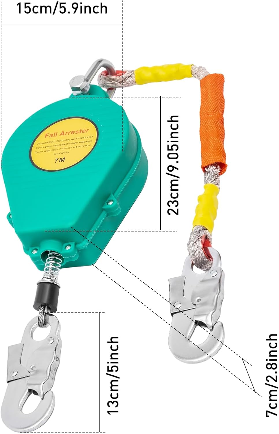 150kg Self Retracting Lifeline,330lbs Safety Fall Arrester,7m/23ft Fall Protection with Alloy Steel Hook & Steel Wire Rope for Construction, Climbing Double Disc Brake System Green