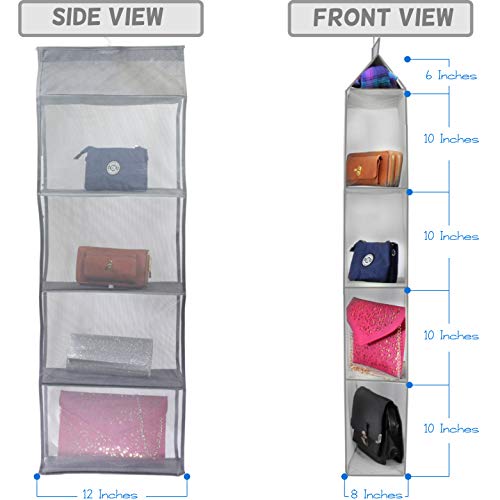 New and Improved XL Size Hanging Handbag Purse Organizer for Closet | 2 Pack, 10 Shelves Total | Space Saving Hand Bag Storage Holder for Wardrobe Closet (Grey)