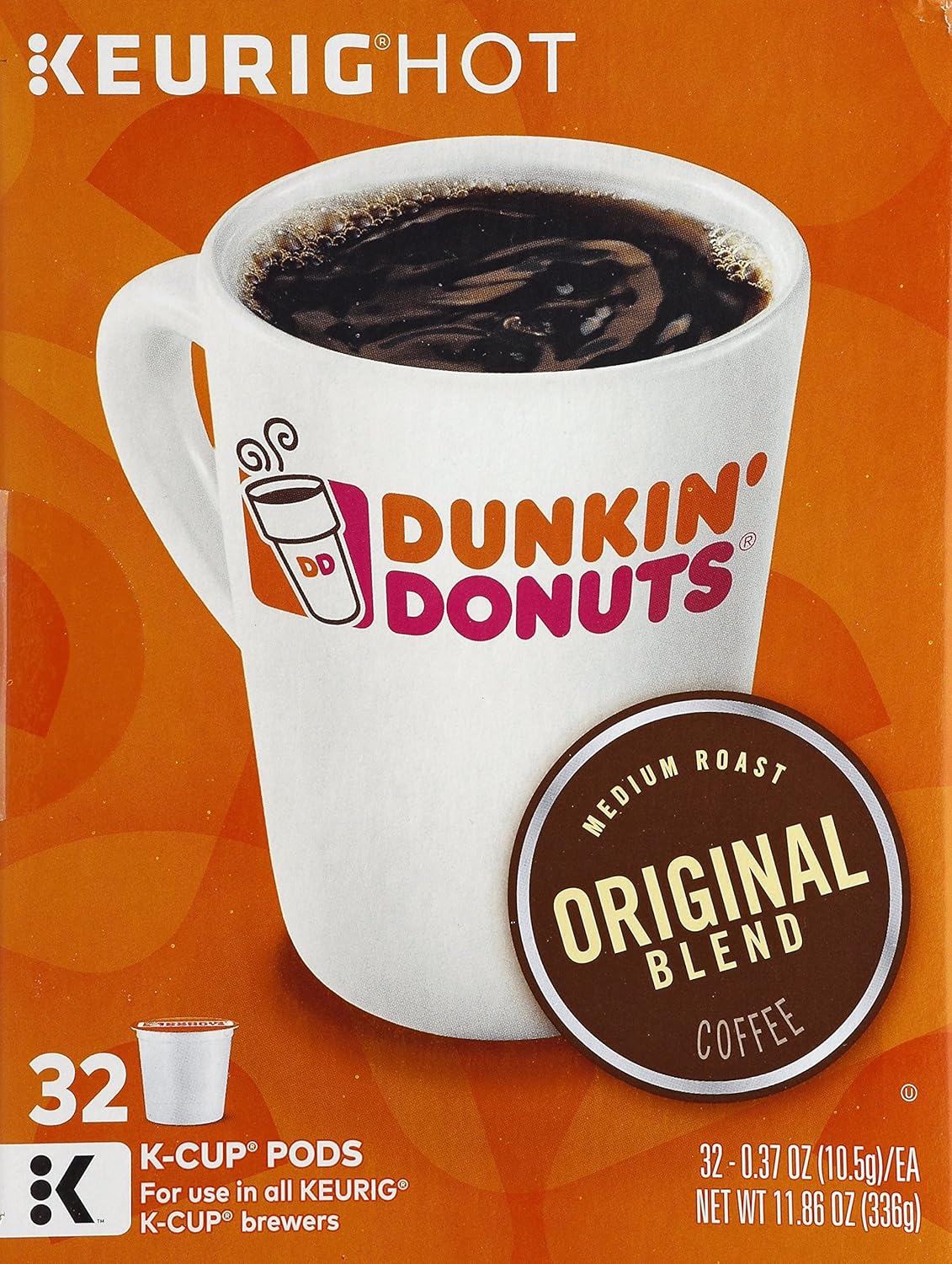 Dunkin' Donuts Original Blend Medium Roast Coffee, 32 K Cups for Keurig Coffee Makers