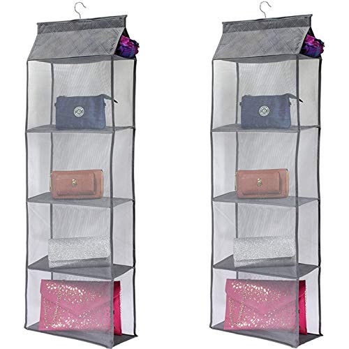 New and Improved XL Size Hanging Handbag Purse Organizer for Closet | 2 Pack, 10 Shelves Total | Space Saving Hand Bag Storage Holder for Wardrobe Closet (Grey)
