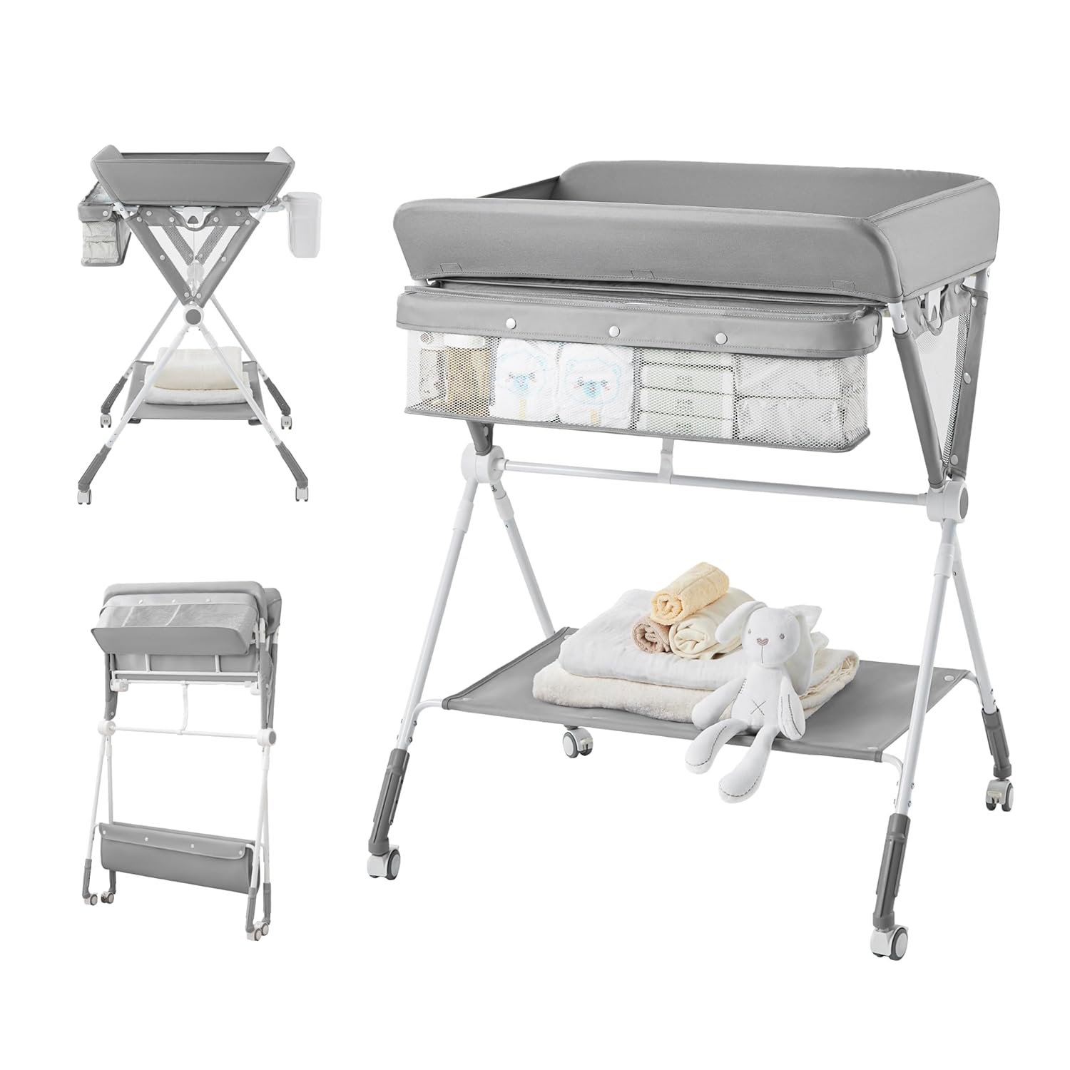 KUB Baby Portable Diaper Changing Table, Foldable Changing Table for Baby with Wheels, Baby Diaper Changing Station with 3-Level Adjustable Height, Portable Changing Table with Large Organizers