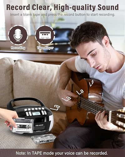 CD Player Boombox & CD Cassette Player Combo, CD Player Portable with CD-R/CD-RW/WMA Compatible,Battery Powered AM FM Radio, Stereo Sound, Programmable, LCD Display, Headphone Jack (Black)