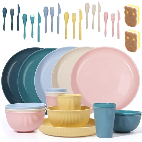 Wheat Straw Dinnerware Sets -DAPIPIK 36 Piece Unbreakable Dinnerware Sets for 6, Wheat Straw Plates and Bowls Set, Lightweight Camping Plates Cups and Bowls Set.Dishwasher Microwave Safe Dinnerware