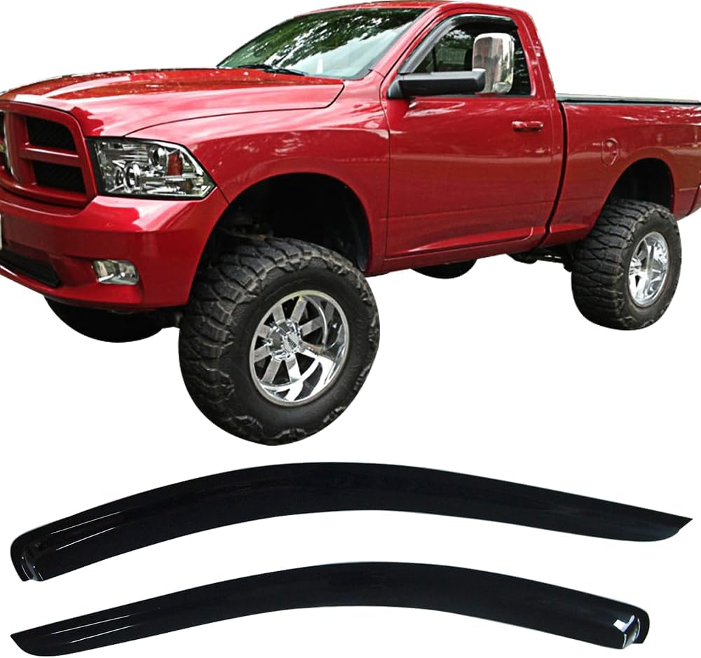 IKON MOTORSPORTS Tape On External Window Visors, Compatible with 2002-2009 Dodge Ram Regular Cab, Slim Style Acrylic Smoke Tinted Sun Rain Shade Guard Wind Vent Air Deflector