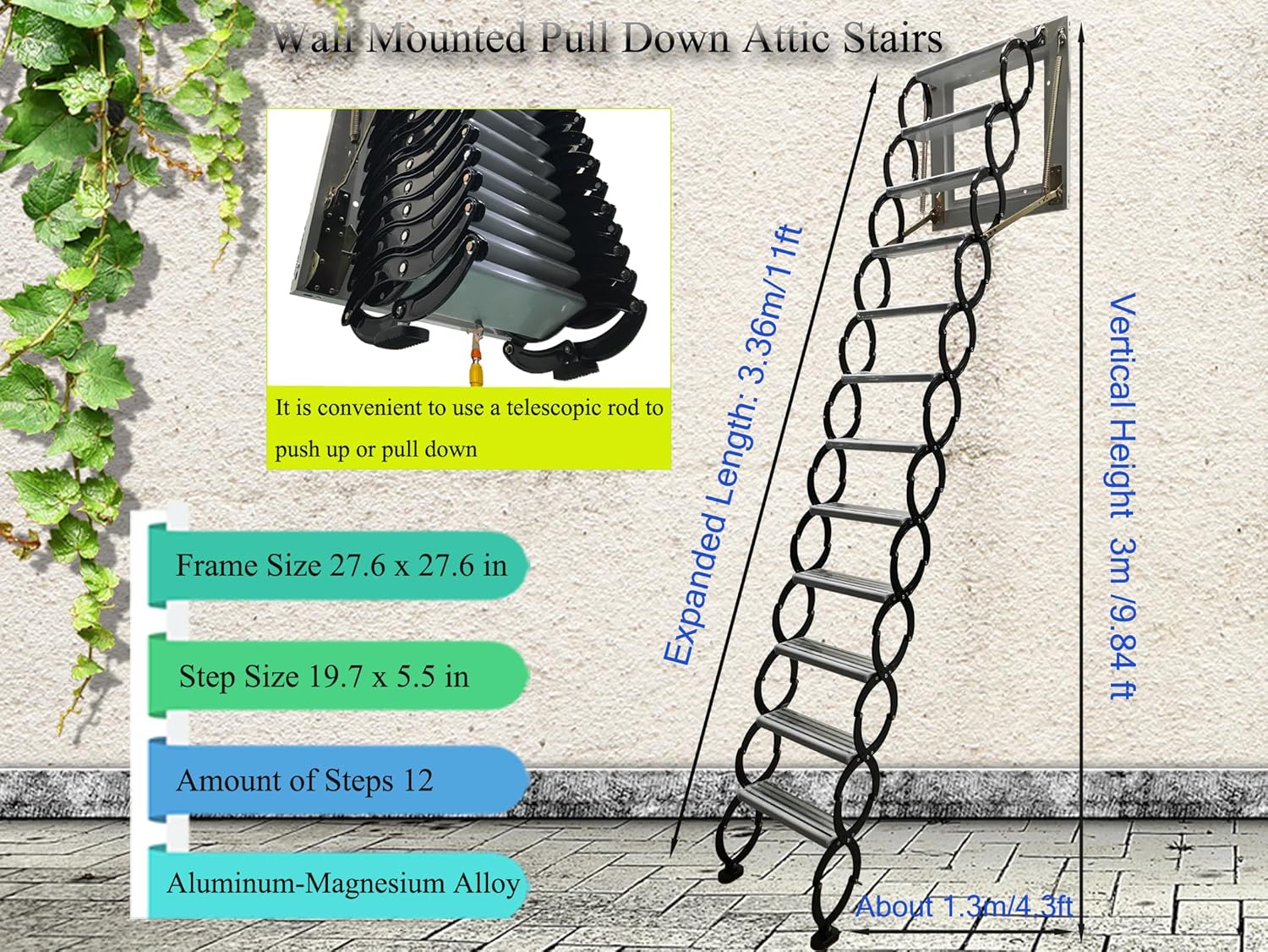 TECHTONGDA Pull Down Attic Ladder, Folding Extension Loft Ladder, 12 Steps Wall-Mounted Folding Stairs with Armrests for Attic Access, 9.8ft Height, Al-Mg Alloy Retractable Ladder Attic Stairs