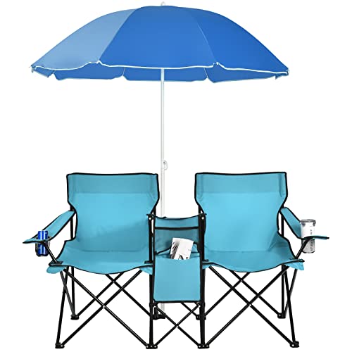Goplus Double Camping Chair with Umbrella, Folding Loveseat Chairs w/Canopy Shade, Carrying Bag, Table, Cup Holder, Portable Beach Chairs Outdoor Picnic Patio (Blue)
