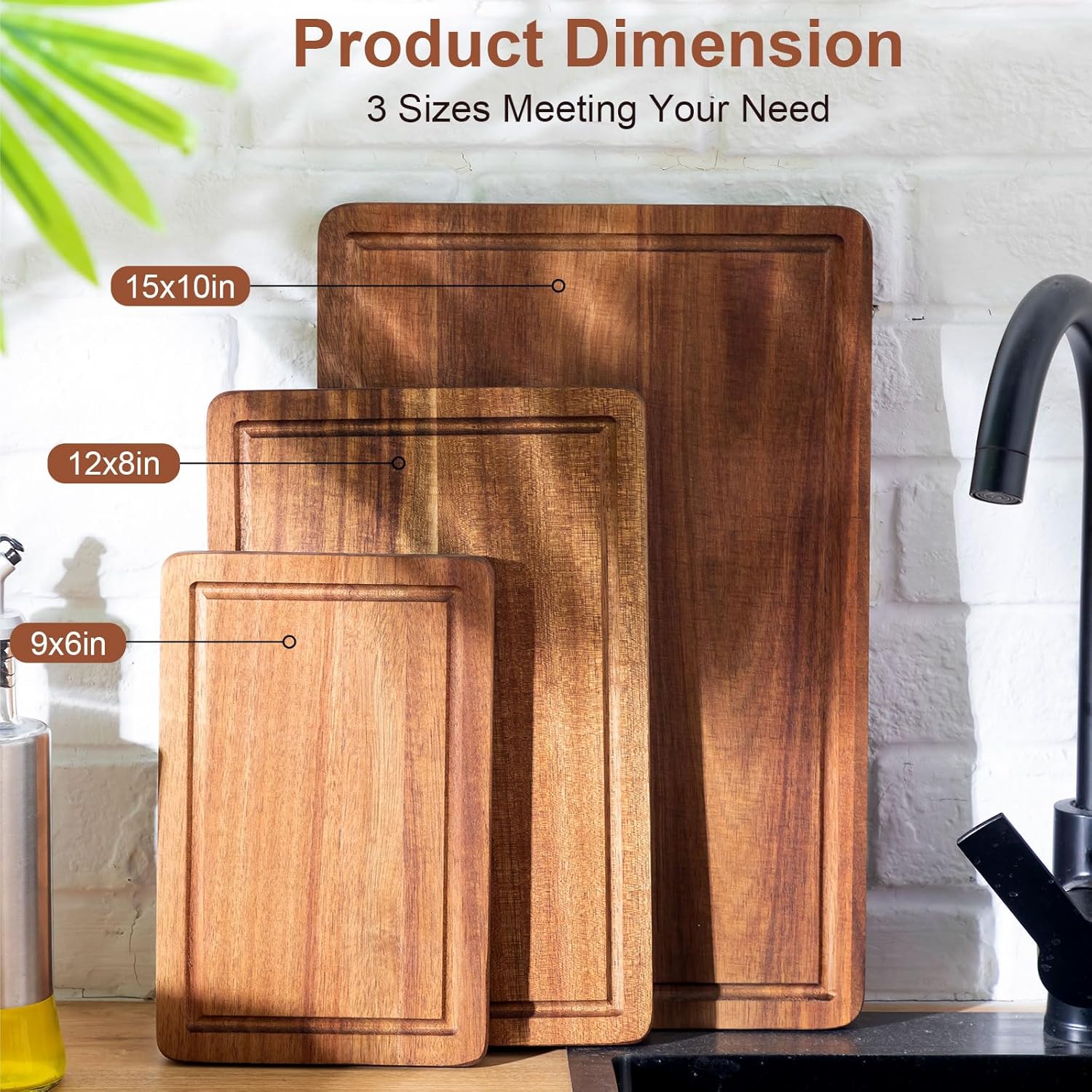 Layhit 6 Pcs Acacia Wood Cutting Board Set 3 Size Wood Chopping Boards with Juice Groove Large Carving Wooden Butcher Block for Kitchen Meat Vegetable Cheese, 15 x 10 Inch, 12 x 8 Inch, 9 x 6 Inch