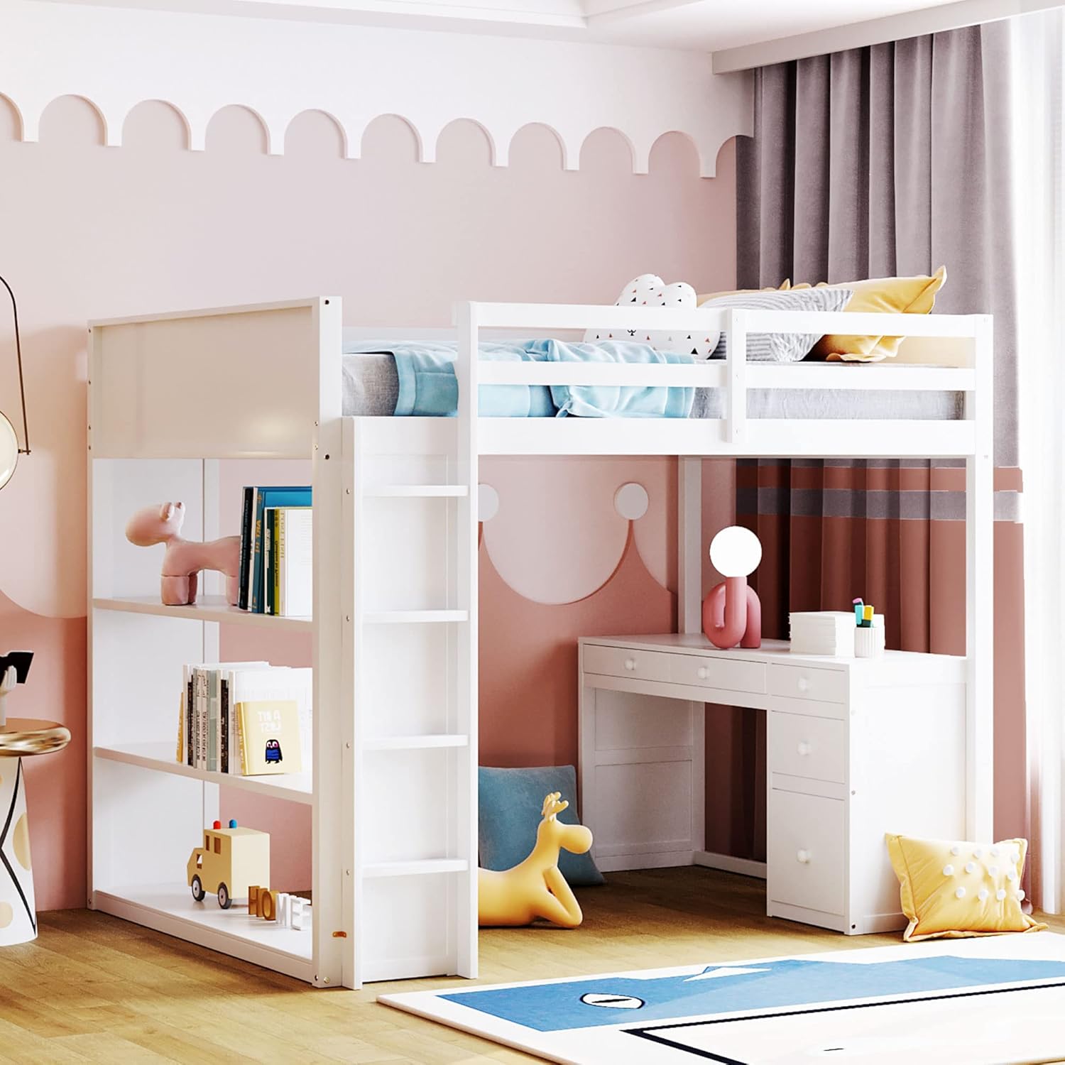 BOVZA Full Loft Bed with Desk, 5 Drawers and 3 Storage Shelves, Wooden Full Size Loft Bed Frame with Full-Length Guardrail and Ladder, for Kids, Teens, Adults, White