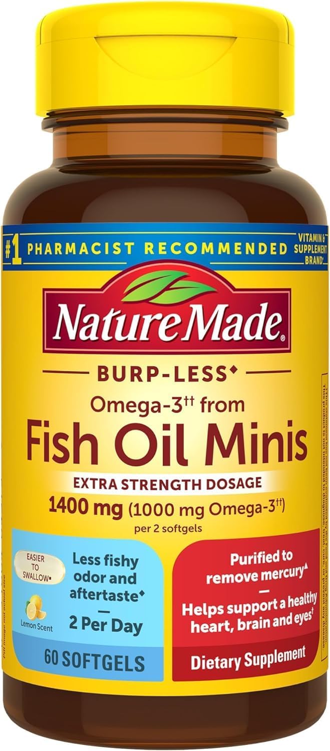 Omega 3 Fish Oil 1400 mg Minis, Compatible with Nature Made, for Healthy Heart, Brain and Eyes Support, 60 Softgels, 30 Day Supply