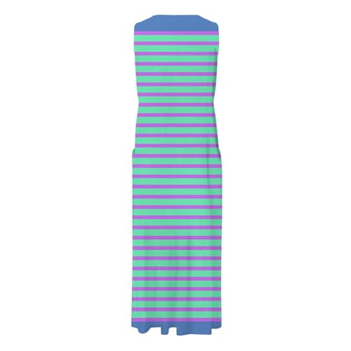Women Casual Loose Sun Dress Women's Round Neck Casual Color Matching Striped Print Cuffless Pocket Long Vest Dress