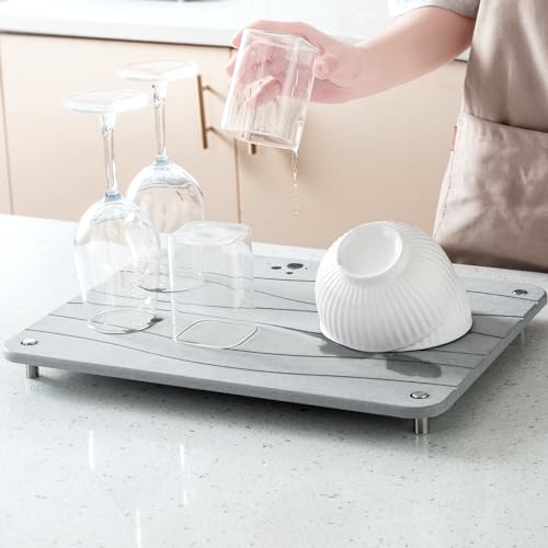 Stone Drying Mat for Kitchen Counter, Diatomaceous Dish Drying Mats Superb Absorbent with Non-Slip Stainless Steel Feet for Dishes, Bottles and more, 15.7